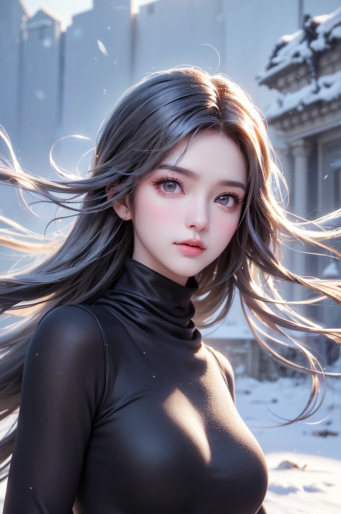 ((masterpiece:1.5、8k、Portraiture、フォトリアリスティックでVery detailedなCG、Very detailed、Particle Effects、Dynamic Effects、Written boundary depth、Cinematic Light、Lens flare、Ray Tracing、Tabletop、Realistic:1.4、Ultra-high resolution:1.2、Realistic、Realistic))((alone、Turtleneck dress,No sleeve、Woman in a black fur coat:1.4、Exposed sideways breast doll-like pose、Detailed face、bright表情、young, bright, Whiter skin、Small breasts:1.4、Best Looks、Ultimate beauty、Grey hair with shiny highlights:1.8、bright and shiny hair,、Arranged Hair、Hair dancing in the wind))(morning、In the background is a snowy hill overlooking the ruins...)
