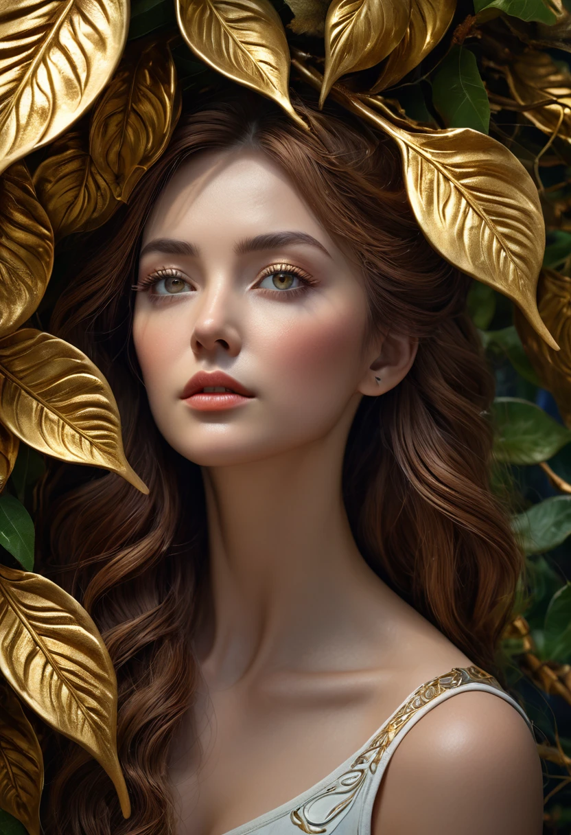 Surreal woman, mystery, Tree Woman, Ear, Nose and Throat, huge, Leaves, bark, Expressive eyes, character study, Golden Ratio, Extremely detailed, 8K resolution, photography, close up, Ultra Detailed, Like a dream, Woodcarving, complexd details, beautiful, rich deep colors masterpiece, Clear focus, Extremely detailed, Mumford and Waterhouse style, Golden Light, The award-winning, professional, Very detailed, complex, Volumetric Lighting, Gorgeous, masterpiece, Clear focus, Depth of Field, Perfect composition, Pixiv trends, Art Station, Photo-realistic, Movie, Stills, Shot in the style of a Sony Alpha A7 III camera