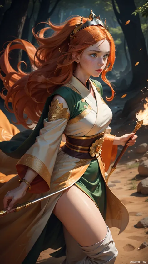 young princess ((fighting monsters)), striking figure, long flowing ginger hair, wavy hairs, fair skin, (freckles), ((kolito)), ...