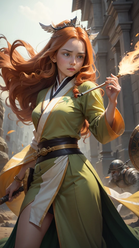 Young princess ((fighting monsters)), striking figure, long flowing ginger hair, wavy hairs, fair skin, (freckles), ((kolito)), innocent and regal appearance, expressive green eyes are filled with a mix of curiosity and determination, her slender frame, elegant grace, vibrant orange kimono with white and black decorations, very long sleeves, feather headdress, no background, combat pose, dynamic pose, holding a staff