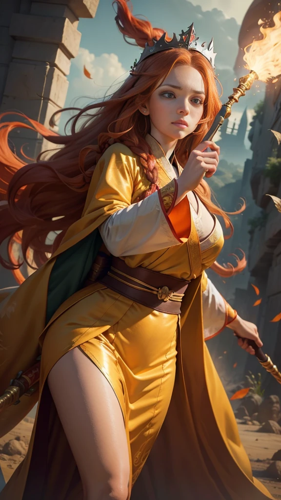 Young princess ((fighting monsters)), striking figure, long flowing ginger hair, wavy hairs, fair skin, (freckles), ((kolito)), innocent and regal appearance, expressive green eyes are filled with a mix of curiosity and determination, her slender frame, elegant grace, vibrant orange kimono with white and black decorations, very long sleeves, feather headdress, no background, combat pose, dynamic pose, holding a staff