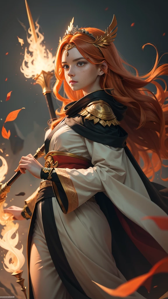 Young princess ((fighting monsters)), striking figure, long flowing ginger hair, wavy hairs, fair skin, (freckles), ((kolito)), innocent and regal appearance, expressive green eyes are filled with a mix of curiosity and determination, her slender frame, elegant grace, vibrant orange kimono with white and black decorations, very long sleeves, feather headdress, no background, combat pose, dynamic pose, holding a staff