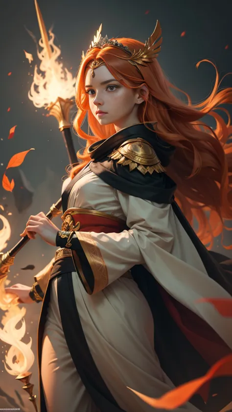 young princess ((fighting monsters)), striking figure, long flowing ginger hair, wavy hairs, fair skin, (freckles), ((kolito)), ...