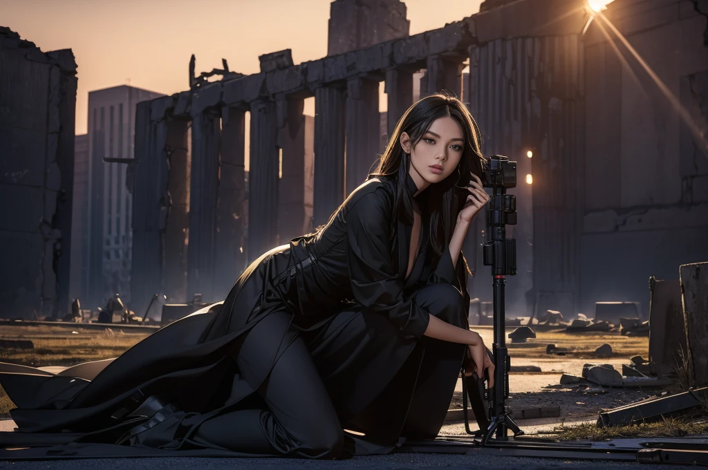 A stunning portrait of a woman in a sleek black ensemble and towering high heels、Confidently posing among the ruins of an ancient Russian monument。Her Sniper Barrett .50 caliber rifle、Staring directly into the camera lens、Quietly placed at her side。The warm, golden light of the setting sun casts long shadows on the crumbling buildings.、On the other hand, the woman&#39;s determined expression「I am ready for anything.」It&#39;s as if he&#39;s saying。This iconic scene is captured in 4K detail。