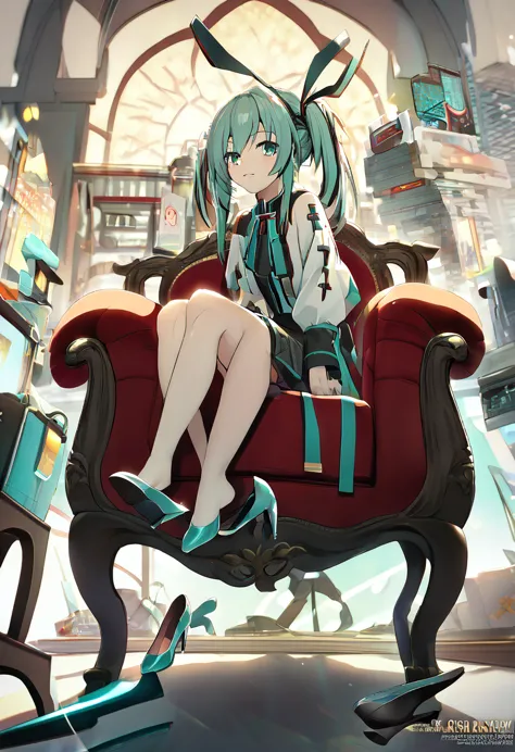 1girl, high heels shoe dangle,  cross legged on a chair, hatsune miku, looking at viewer, sitting, from side