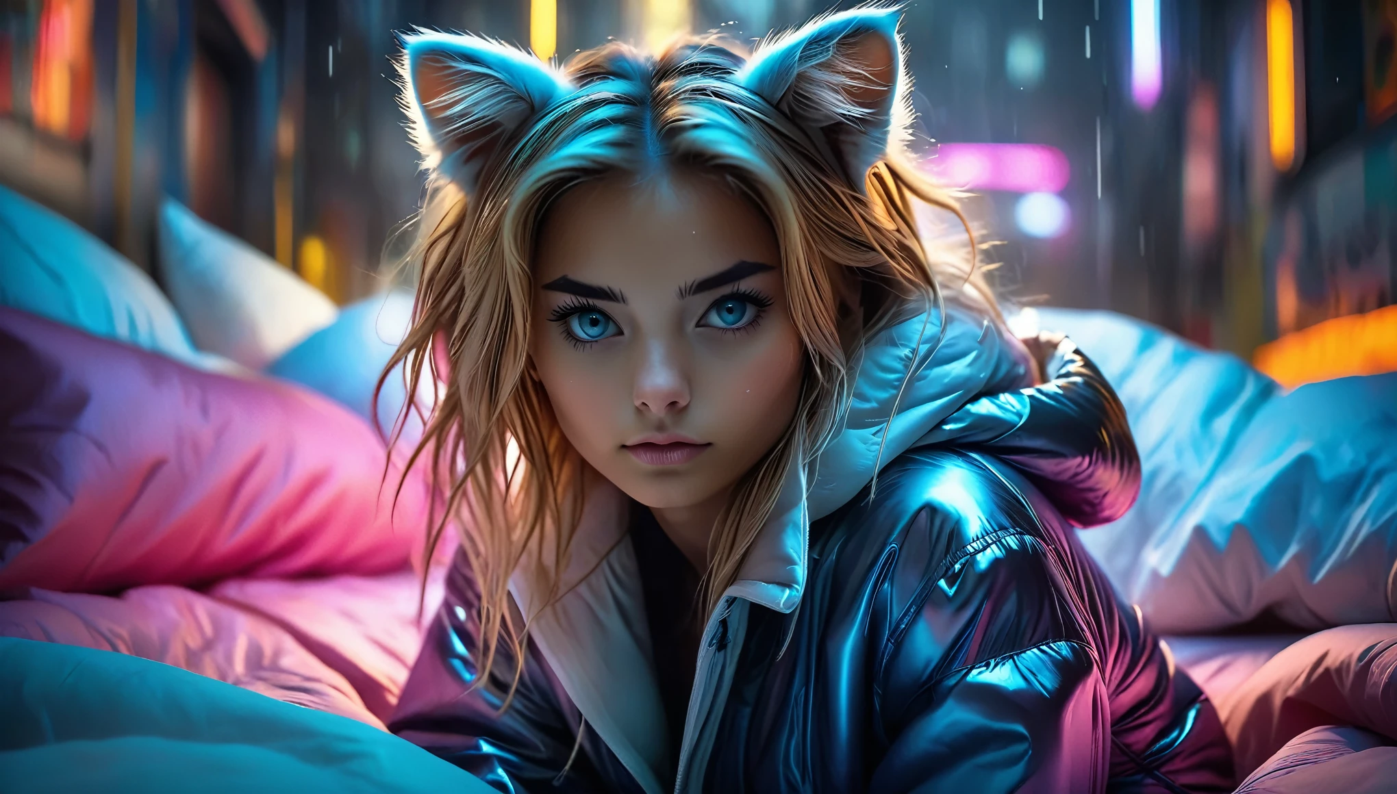 ((barely legal cat girl, with cat ears and choker, ((in an shiny open puffer with plunging neckline, wide cleavage, deep neckline)), small perky breasts, beautiful detailed eyes, beautiful detailed lips, small closed mouth, extremely detailed face, pale skin, random long hairstyle, small hips, next to a bed with silk sheets, fear on the face)), moody atmosphere, dramatic and random neon colors, futuristic setting, intricate details, night, backlight, full body shot, view from a distance, random pose