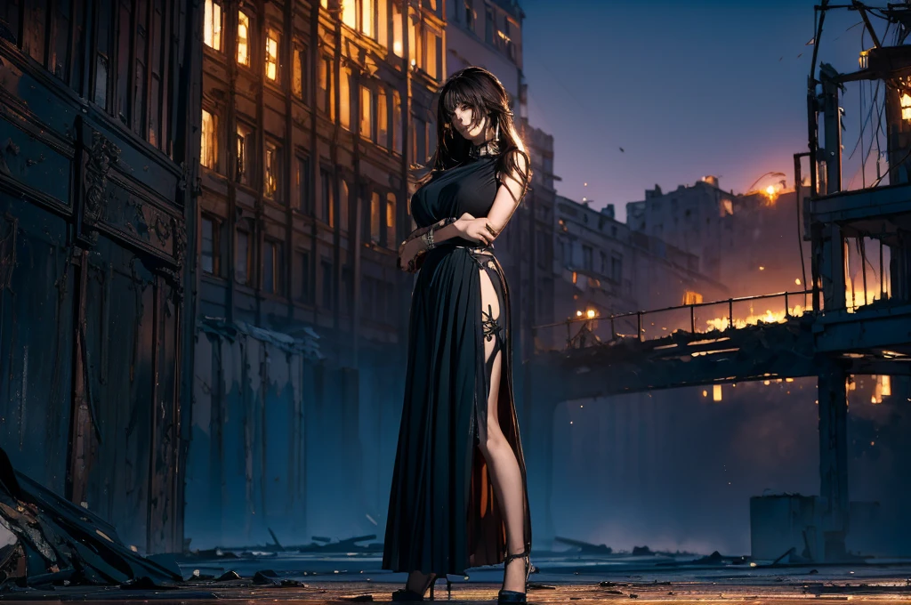 A great shot、It captures a confident woman standing atop a dilapidated Soviet-era structure.、Her sleek black dress and towering high-heeled sandals drew attention.、She proudly wears the Sniper Barrett.50 caliber rifle under his arm。The soft lighting, like in a movie, gives a warm glow to her determined expression.、The peeling paint and crumbling bricks of the sturdy building serve as a striking backdrop。The bold pose of the woman、It exudes strength and sophistication amid the ruins.、Meticulous details such as the intricate engraving on the rifle and the subtle sheen of the dress add to the overall visual feast.。