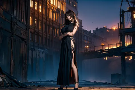 A great shot、It captures a confident woman standing atop a dilapidated Soviet-era structure.、Her sleek black dress and towering ...