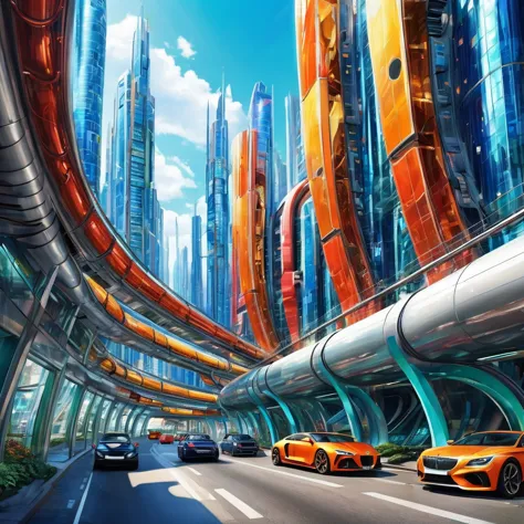 a futuristic metropolis made of glass and steel，the shape of the high-rise buildings is like a fake，vehicles are individual sper...