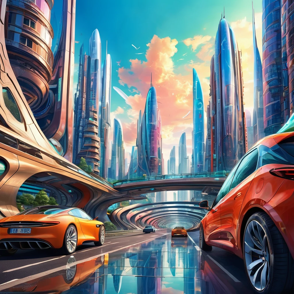 A futuristic metropolis made of glass and steel，The shape of the high-rise buildings is like a fake，Vehicles are individual sperm with and windows，Drive on the streets. The tunnel looks like. Surrealism, Vibrant colors, 16K