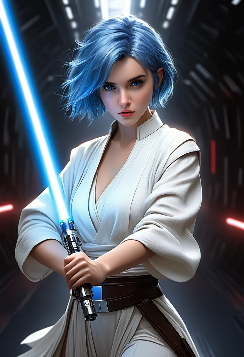 ultra wide angle, in focus, light epic background, gorgeous lifelike, dynamic pose, a young lady, (highly detailed face and eyes:1.3), cute expression, holding blue lightsaber in his hand, medium shot, hyper details, lighting art, cinematic, insane details, intricate details, hyperdetailed, jedi com roupas brancas, fractal, dark shot, big , full body, jedi (Star wars), white clothes, short hair, blue hair