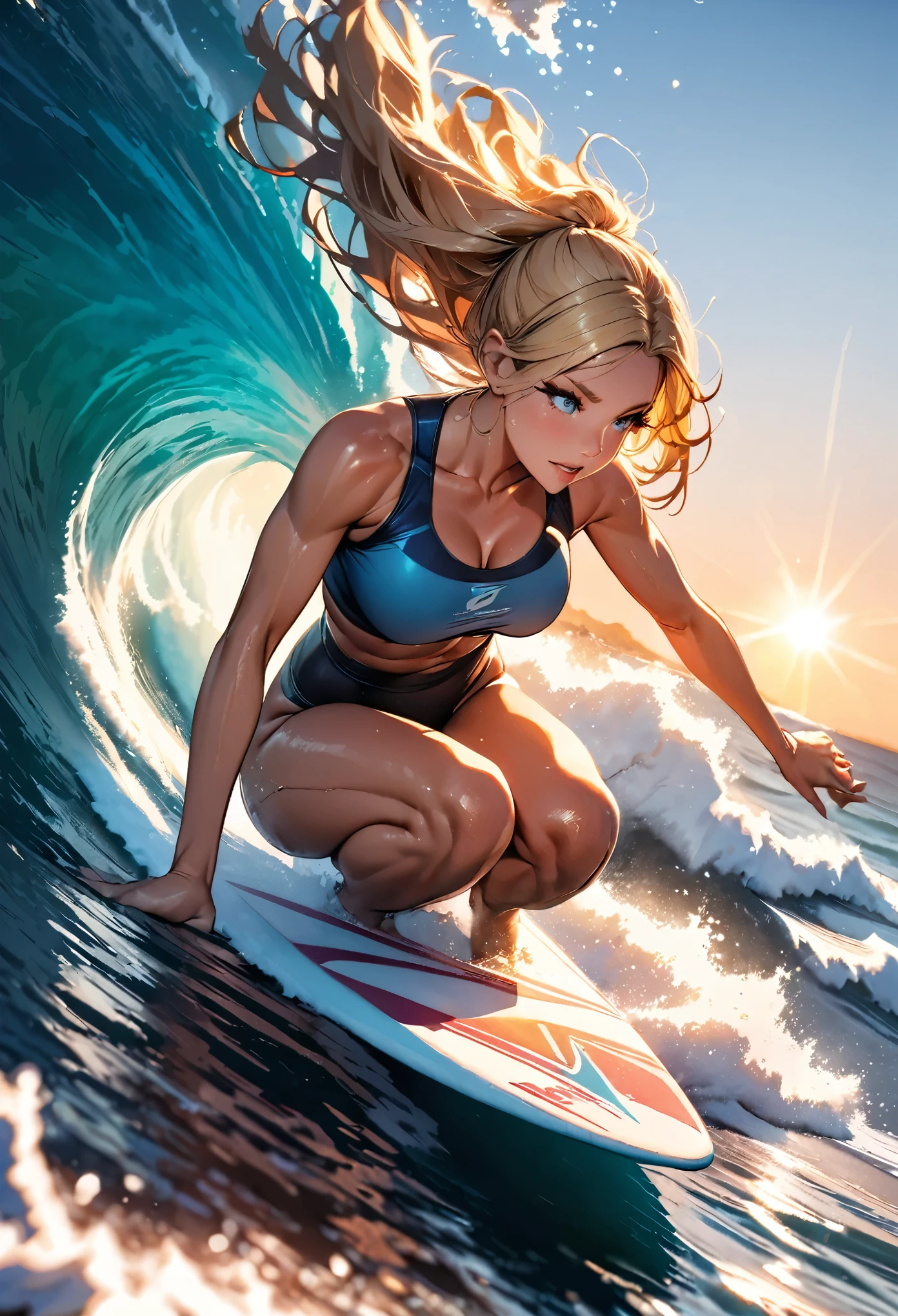 a woman surfing on big waves, high detailed woman, beautiful detailed eyes, beautiful detailed lips, extremely detailed face and skin, long eyelashes, blonde hair, athletic body, adrenaline, action, motion blur, ocean waves, foamy water, blue sky, bright sunlight, golden hour, warm color tones, hyper detailed, cinematic lighting, masterpiece:1.2