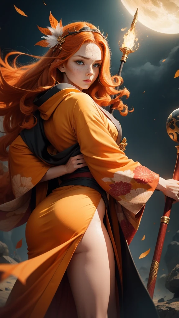 Young princess ((fighting monsters)), striking figure, long flowing ginger hair, wavy hairs, fair skin, (freckles), ((kolito)), innocent and regal appearance, expressive green eyes are filled with a mix of curiosity and determination, her slender frame, elegant grace, vibrant (((orange kimono))) with white and black decorations, very long sleeves, feather headdress, no background, combat pose, dynamic pose, holding a staff