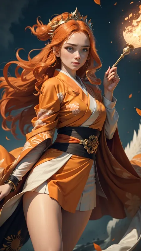 young princess ((fighting monsters)), striking figure, long flowing ginger hair, wavy hairs, fair skin, (freckles), ((kolito)), ...