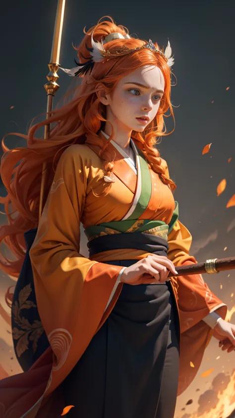 young princess ((fighting monsters)), striking figure, long flowing ginger hair, wavy hairs, fair skin, (freckles), ((kolito)), ...