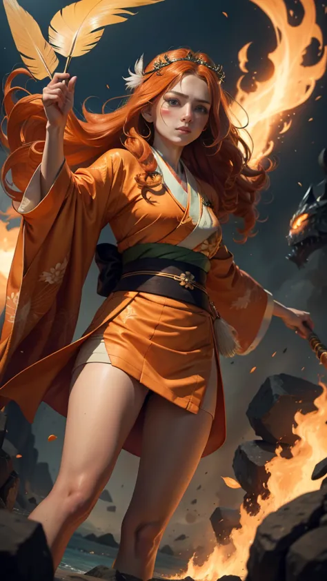 young princess ((fighting monsters)), striking figure, long flowing ginger hair, wavy hairs, fair skin, (freckles), ((kolito)), ...