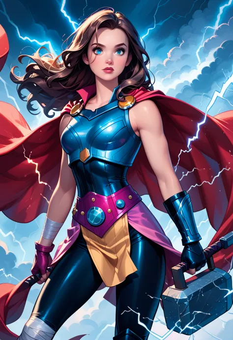 score_9, score_8_up, score_7_up, score_6_up, 1girl, solo, (disney's belle:1.3), wearing (mighty thor suit, long hair, cape, brea...