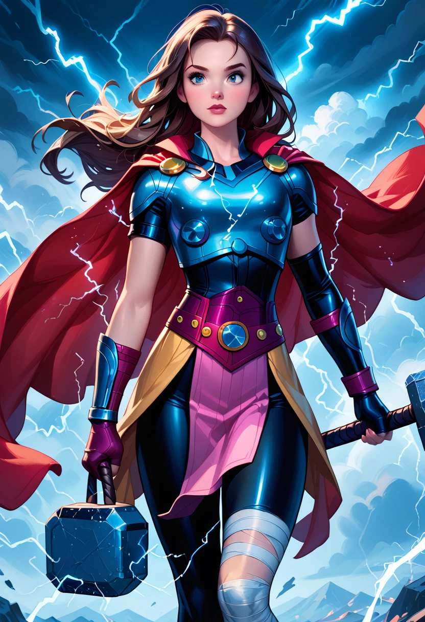 score_9, score_8_up, score_7_up, score_6_up, 1girl, solo, (Disney's Belle:1.3), wearing (Mighty Thor suit, long hair, cape, breastplate, belt, skirt, pelvic curtain, leggings, single bracer, bandaged legs, fingerless gloves, holding hammer, lightning, electricity:1.2), (three quartershot:1.1), cinematic lighting.