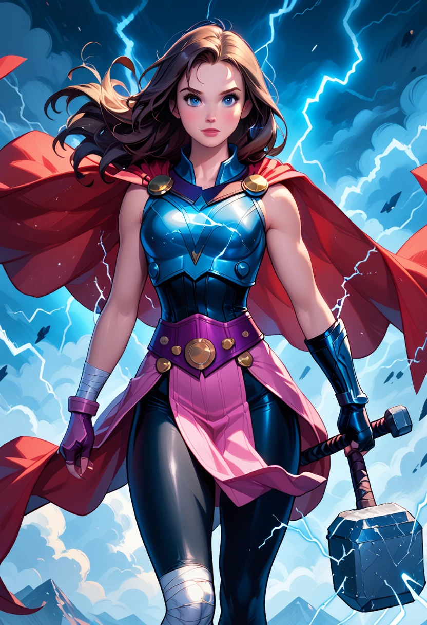 score_9, score_8_up, score_7_up, score_6_up, 1girl, solo, (Disney's Belle:1.3), wearing (Mighty Thor suit, long hair, cape, breastplate, belt, skirt, pelvic curtain, leggings, single bracer, bandaged legs, fingerless gloves, holding hammer, lightning, electricity:1.2), (three quartershot:1.1), cinematic lighting.