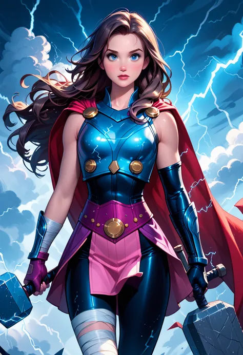 score_9, score_8_up, score_7_up, score_6_up, 1girl, solo, (disney's belle:1.3), wearing (mighty thor suit, long hair, cape, brea...