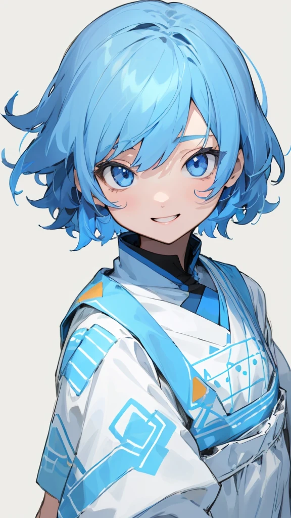 One Girl、solo、Short hair like a boy、Dark blue hair、Light blue hair band:1.2、blue eyes、smile、White dress with ethnic patterns、Line art、Simple Background