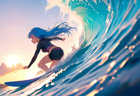 (surfing), big wave, performance, surfboard, dynamic, splash of the sea, sports, action, girl, alone, (rika furude), blue hair, ...