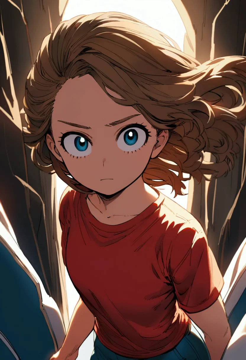 a 12 year old teenage girl with brown hair wearing a red t-shirt and cyan blue pants who has the power of healing ( anime my her...