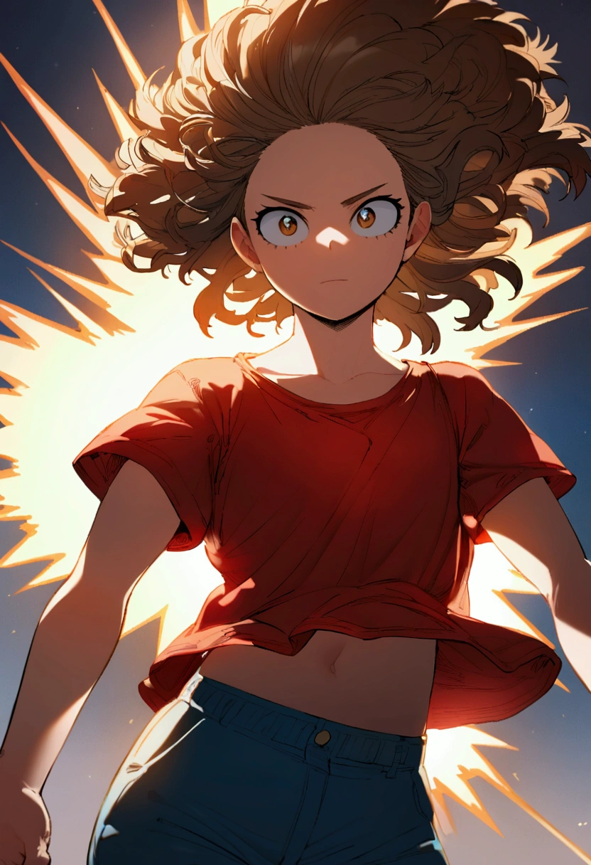 a 12 year old teenage girl with brown hair wearing a red t-shirt and cyan blue pants who has the power of healing ( anime my hero academia )