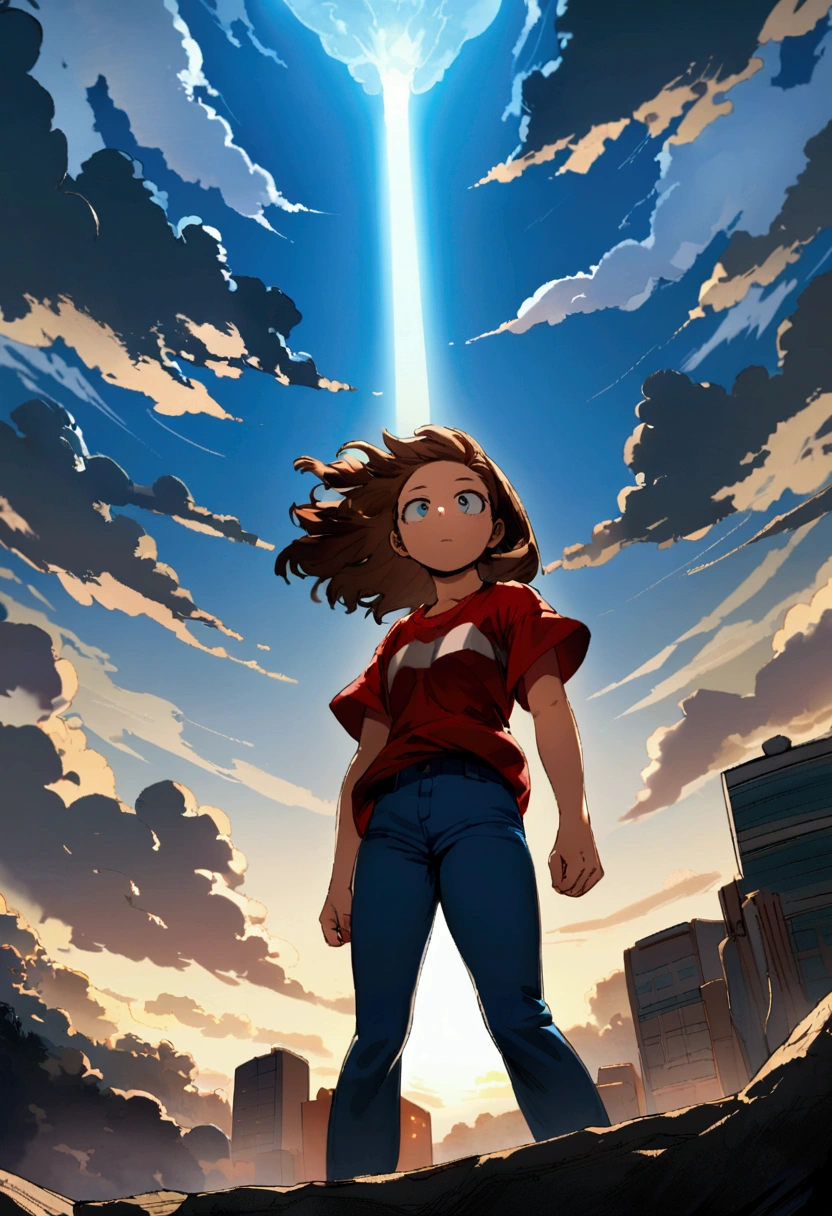 a 12 year old teenage girl with brown hair wearing a red t-shirt and cyan blue pants who has the power of healing ( anime my hero academia )