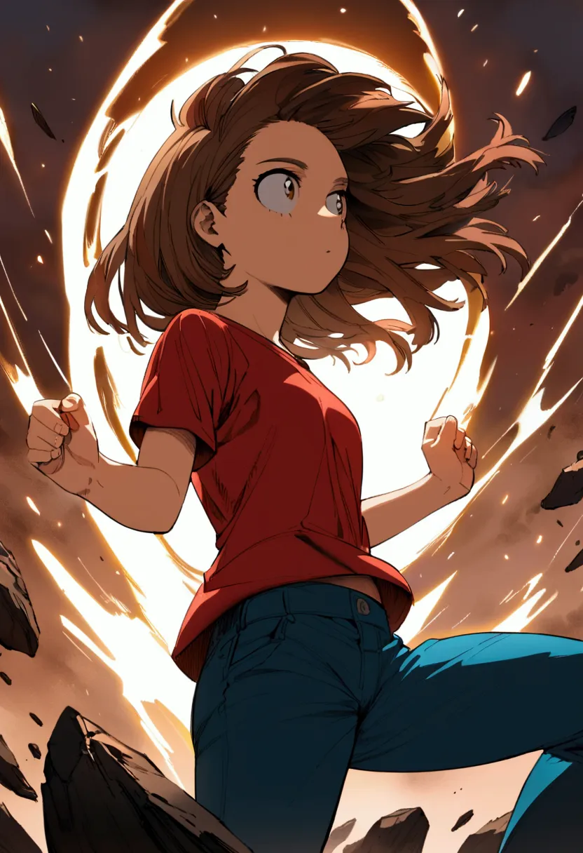 a 12 year old teenage girl with brown hair wearing a red t-shirt and cyan blue pants who has the power of healing ( anime my her...