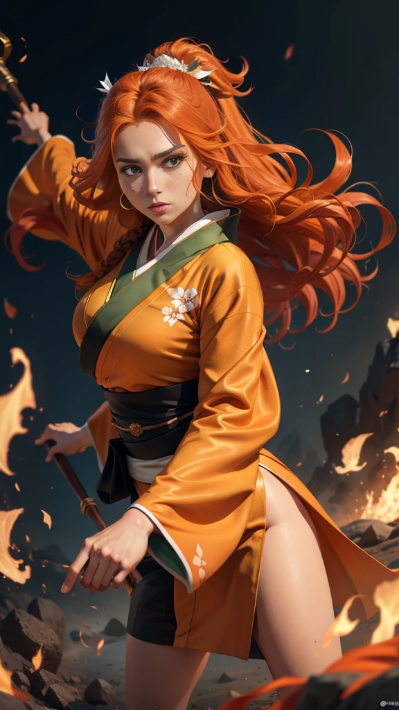 Young princess ((fighting monsters)), striking figure, long flowing ginger hair, wavy hairs, fair skin, (freckles), ((kolito)), innocent and regal appearance, expressive green eyes are filled with a mix of curiosity and determination, her slender frame, elegant grace, vibrant (((orange kimono))) with white and black decorations, very long sleeves, feather headdress, no background, combat pose, dynamic pose, holding a staff