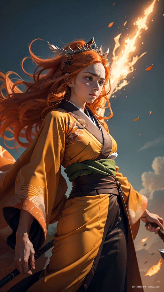 Young princess ((fighting monsters)), striking figure, long flowing ginger hair, wavy hairs, fair skin, (freckles), ((kolito)), innocent and regal appearance, expressive green eyes are filled with a mix of curiosity and determination, her slender frame, elegant grace, vibrant (((orange kimono))) with white and black decorations, very long sleeves, feather headdress, no background, combat pose, dynamic pose, holding a staff