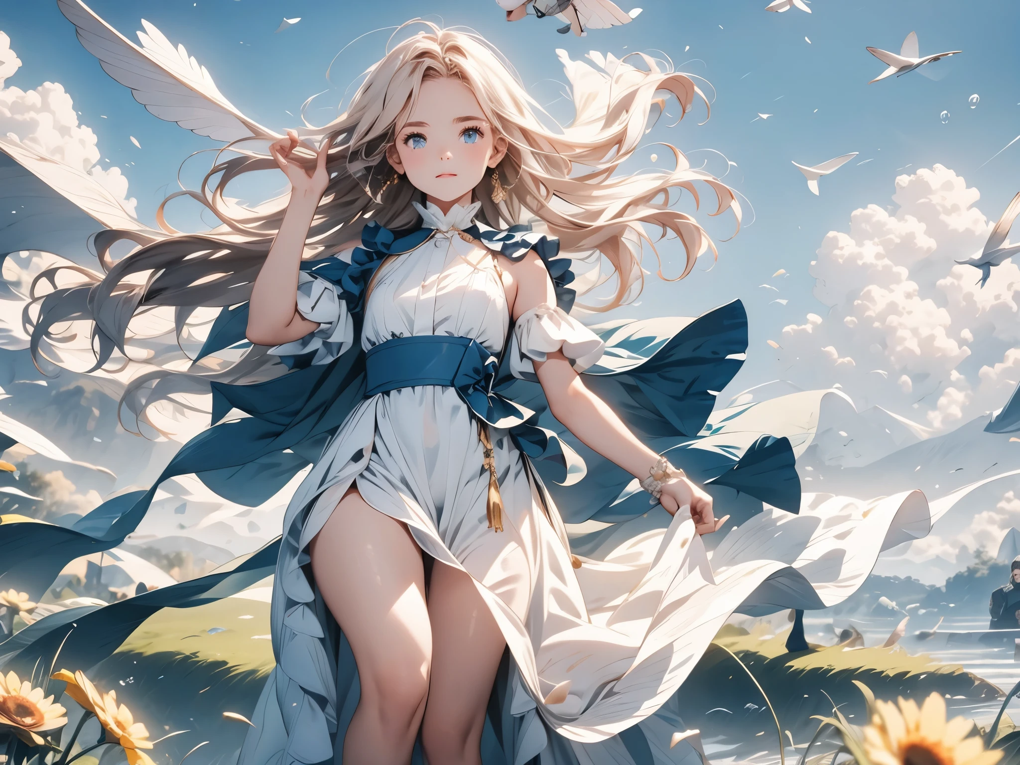 (masterpiece:1.3),(Highest quality:1.2),8k,Absurd,unity 8k wallpapper,(Very detailed:1.3),Highest Resolution,
 One girl,floating hair, floating,( floating long dress:1.3),Jumping,See through, (cloud:1.2),(flight:1.2),Hello,(wing:1.2),(flower:1.2),Grass,sunlight,  (floating cloth:1.4),water,(dynamic:1.2),splash,(splashing:1.2), (Jumping fish:1.2)