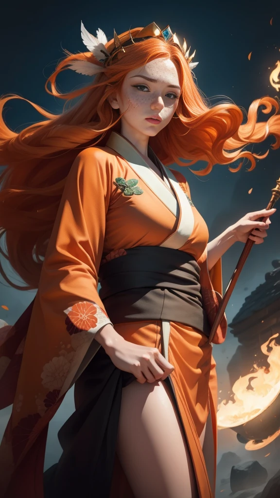 portrait, Young princess ((fighting monsters)), striking figure, long flowing ginger hair, wavy hairs, fair skin, (freckles), ((kolito)), innocent and regal appearance, expressive green eyes are filled with a mix of curiosity and determination, her slender frame, elegant grace, vibrant (((orange kimono))) with white and black decorations, very long sleeves, feather headdress, no background, combat pose, dynamic pose, holding a staff