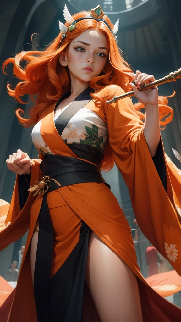 portrait, Young princess ((fighting monsters)), striking figure, long flowing ginger hair, wavy hairs, fair skin, (freckles), ((kolito)), innocent and regal appearance, expressive green eyes are filled with a mix of curiosity and determination, her slender frame, elegant grace, vibrant (((orange kimono))) with white and black decorations, very long sleeves, feather headdress, no background, combat pose, dynamic pose, holding a staff