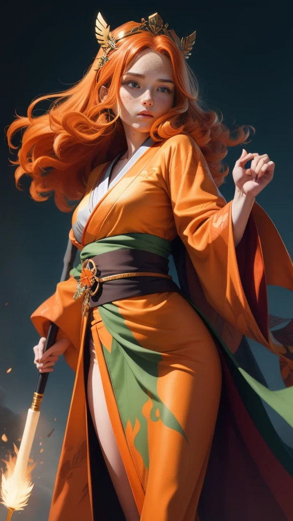 portrait, Young princess ((fighting monsters)), striking figure, long flowing ginger hair, wavy hairs, fair skin, (freckles), ((kolito)), innocent and regal appearance, expressive green eyes are filled with a mix of curiosity and determination, her slender frame, elegant grace, vibrant (((orange kimono))) with white and black decorations, very long sleeves, feather headdress, no background, combat pose, dynamic pose, holding a staff