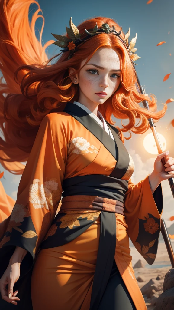 portrait, Young princess ((fighting monsters)), striking figure, long flowing ginger hair, wavy hairs, fair skin, (freckles), ((kolito)), innocent and regal appearance, expressive green eyes are filled with a mix of curiosity and determination, her slender frame, elegant grace, vibrant (((orange kimono))) with white and black decorations, very long sleeves, feather headdress, no background, combat pose, dynamic pose, holding a staff