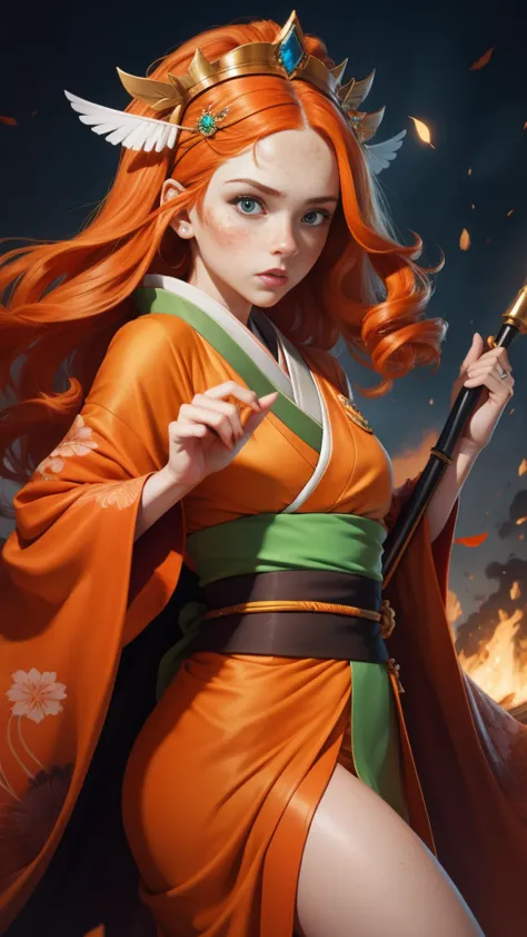 portrait, young princess ((fighting monsters)), striking figure, long flowing ginger hair, wavy hairs, fair skin, (freckles), ((...