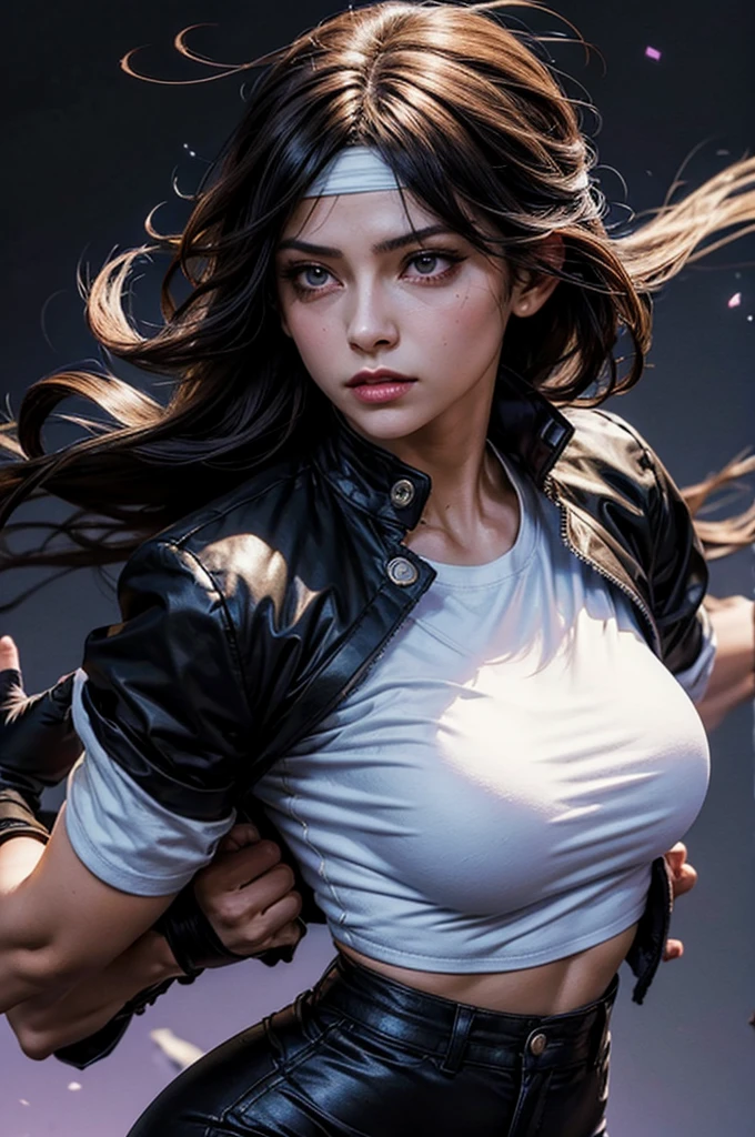 (Masterpiece), Best quality, Expressive eyes, Perfect face, High accuracy, (Female1.5), 1 girl, Single, Orochikiyo, Black jacket, Fingerless gloves, Bright purple t-shirt , White headband, Black jacket, Black pants, White shoes, Simple background, particle effect, Magic background, Upper body, painting, Looking at the scenes, 