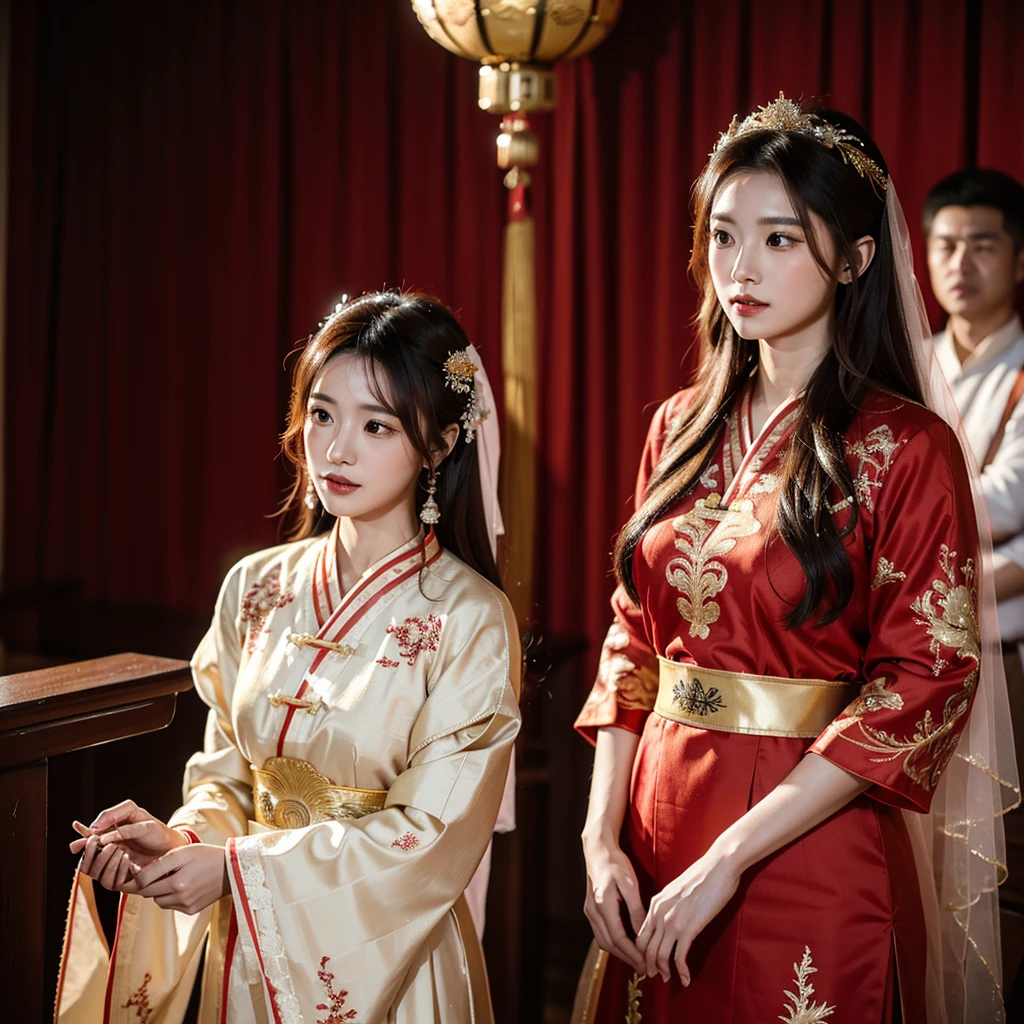 ((Highest quality)), ((masterpiece)), (detailed), （Perfect Face）、The woman is Ogiso Setsuna, with light brown, medium-long hair and is wearing a gorgeous red long-slit wedding Chinese dress with gold embroidery and trim.、The woman is having a wedding ceremony with a middle-aged Chinese man.