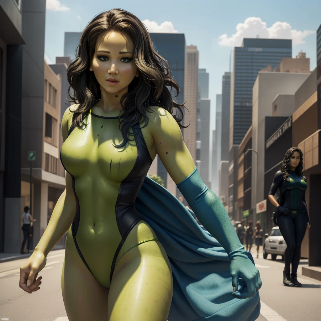 1girl, close up portrait of actress (Jennifer Lawrence) as a sexy ((She-Hulk)), (standing on street), ((green skin)), wears ((blue fantastic four bodysuit)), (black wavy hair), fit body, sexy pose, sultry, sexy, hot, shapely, fine detail, hyper realistic, HD, 4K, definition, texture, perfect detail, perfect face, beautiful, hyperrealism, trending on artstation