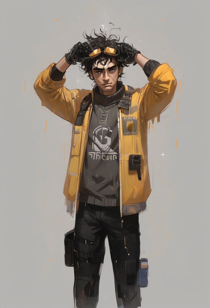 score_8_up, score_7_up, 1boy, solo, lineart of a young man with a somber expression and black messy hair with goggles wearing a black long-sleeved knitted sweater decorated by straps and an armpit holster under a bomber jacket, also wearing a pair or robotic gloves and black pants, particles, simple background, sketch
