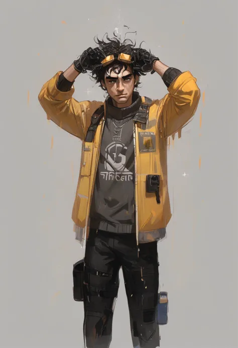 score_8_up, score_7_up, 1boy, solo, lineart of a young man with a somber expression and black messy hair with goggles wearing a ...