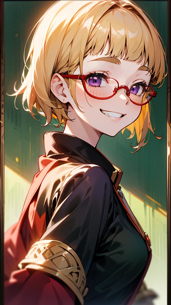 1 Girl、solo、impression、(oil)、Green and orange tones、Blonde、Blunt bangs、Straight hair、Purple eyes、((Red frame glasses)):1.5、one piece、Long sleeve、Grin、From the side、Upper body close-up