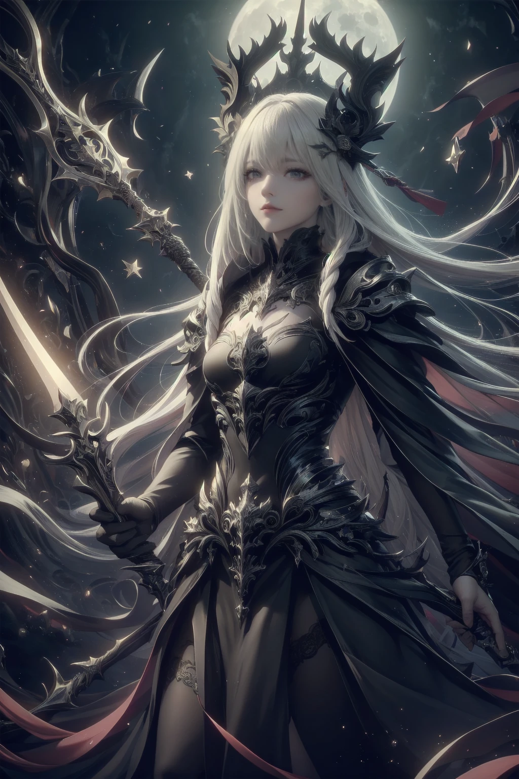 Attention to detail, Highest quality, 8k, [Super detailed], masterpiece, Highest quality, (Very detailed), Dynamic Angle, Ultra Wide Shot, Realistic, Dark Fantasy Art, Gothic art, Dark RPG Art, Realistic芸術, 女性の人間の聖職者のUltra Wide Angle写真, Grab the spear, Wearing a black cloak, Black leather suit, With star seal (intense details, masterpiece, Best details: 1.5), High heel boots, sacred symbols for casting spells, white magic seal (intense details, masterpiece, Best details: 1.5), Symbols of the stars and the moon, Blue light from the symbol, Blonde (intense details, masterpiece, Best details: 1.5), Long Hair, Braided hair, small, Strong Eyes, Green Eyes, Moon and stars background, (( Goth worship atmosphere)), moon light Attention to detail, Highest quality, High resolution, Ultra Wide Angle