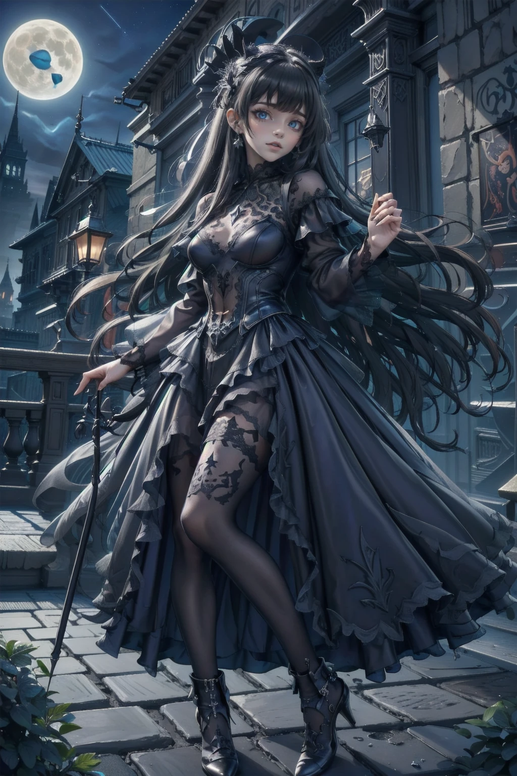 Attention to detail, Highest quality, 8k, [Super detailed], masterpiece, Highest quality, (Very detailed), Dynamic Angle, Ultra Wide Shot, Realistic, Dark Fantasy Art, Gothic art, Dark RPG Art, Realistic芸術, 女性の人間の聖職者のUltra Wide Angle写真, Grab the spear, Wearing a black cloak, Black leather suit, With star seal (intense details, masterpiece, Best details: 1.5), High heel boots, sacred symbols for casting spells, white magic seal (intense details, masterpiece, Best details: 1.5), Symbols of the stars and the moon, Blue light from the symbol, Blonde (intense details, masterpiece, Best details: 1.5), Long Hair, Braided hair, small, Strong Eyes, Green Eyes, Moon and stars background, (( Goth worship atmosphere)), moon light Attention to detail, Highest quality, High resolution, Ultra Wide Angle