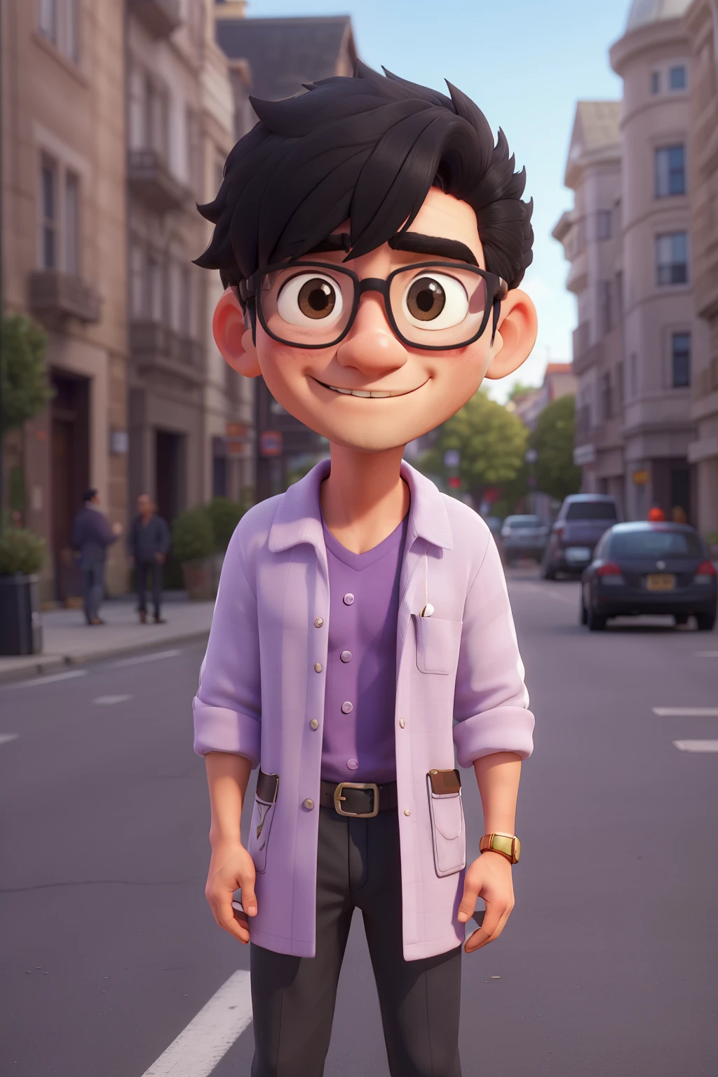 (best quality,high resolution,Extremely detailed) A 40-year-old man with black hair and oriental hair wearing white clothes, Wearing gold-rimmed glasses, . He has short hair.On the Street. Wearing a purple shirt.light coat . Right hand showing love.Front with one hand in pocket,Carrying camera on chest.,Have dimples
