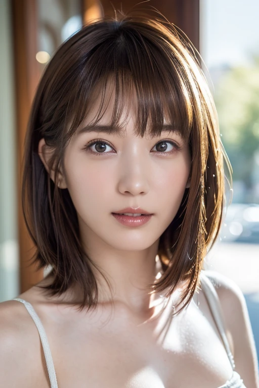 (masterpiece:1.3), (8k, Realistic, RAW Photos, Best image quality: 1.4), Japanese 、(Random Hairstyles:1.2)、Cleavage:1.2、Highly detailed face、Attention to detail、double eyelid、Chest to chest、Sharp focus:1.2、Beautiful woman:1.4、Light brown hair、Highest quality、masterpiece、Ultra-high resolution、(Realistic:1.4)、Highly detailed and professionally lit smiles、Loose, lightweight knitwear、Shoulder out、thin、Serious expression、Short-haired、Deadly position