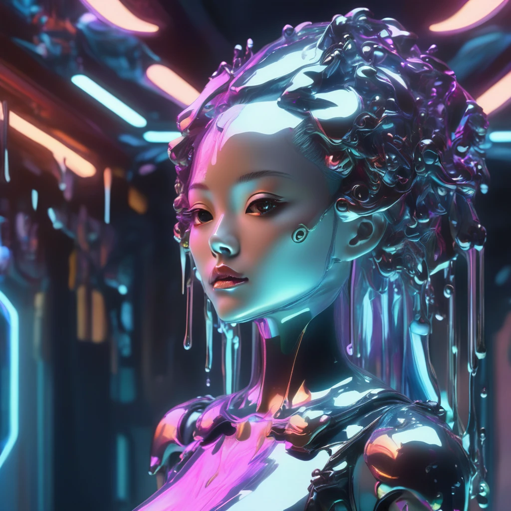  A metal slime that mimics a beautiful human woman.、Liquid Metal MONSTER、Detailed metal face、Beautiful metal eyes、Detailed metal lips、Beautifully detailed metal woman、(Liquefied liquid metal face:1.9)、Melting hair、Gorgeous futuristic dungeon environments、Shining neon lights、Very detailed、8k、Photorealistic、Dramatic lighting、Cinematic composition、Bright colors、Dark and gloomy atmosphere、Techno-Organic、sf、cyber punk