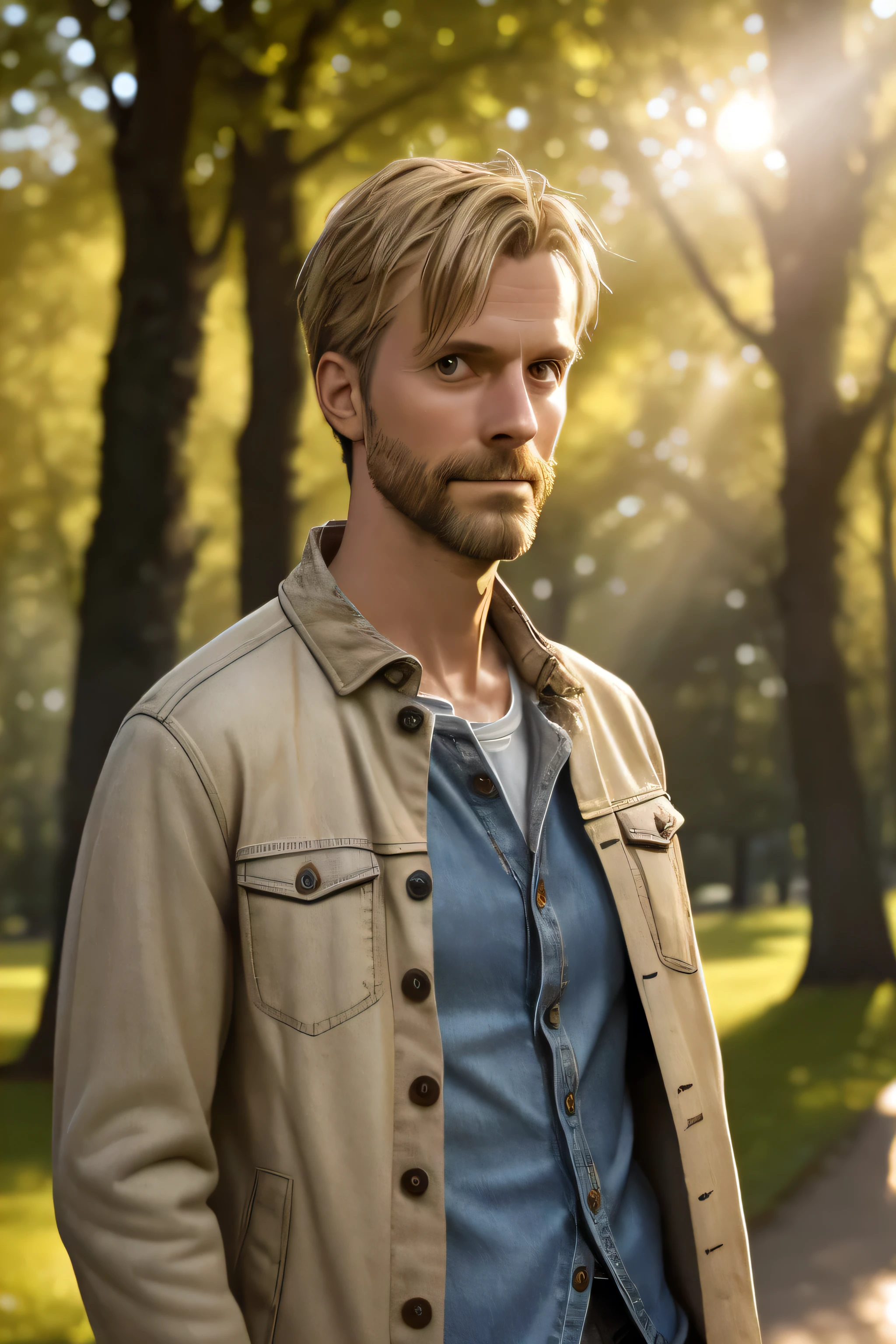 photo portrait of a lanky 35-year-old Swede with medium skin in a beige denim jacket, detailed clothing, Textured garments, on open air, in the park, looks dreamily into the distance, HDR, studio quality, studio lighting, Sharp Focus, (Scattered light:1.3), (soft light:1.5), global illumination,